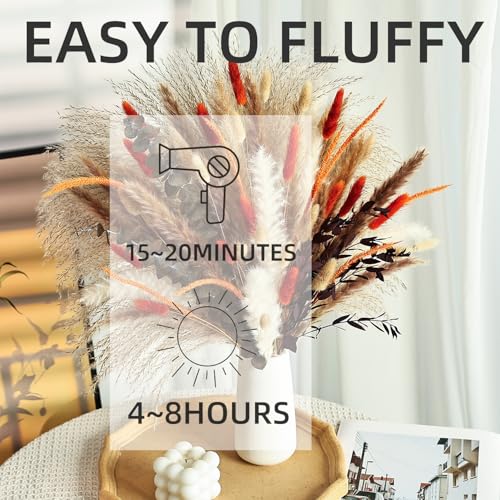 Orange Dried Pampas Grass Bouquet, 17 Inch, Bunny Tail,Eucalyptus,Natural Dried Floral Arrangement for Boho Rustic Wedding...