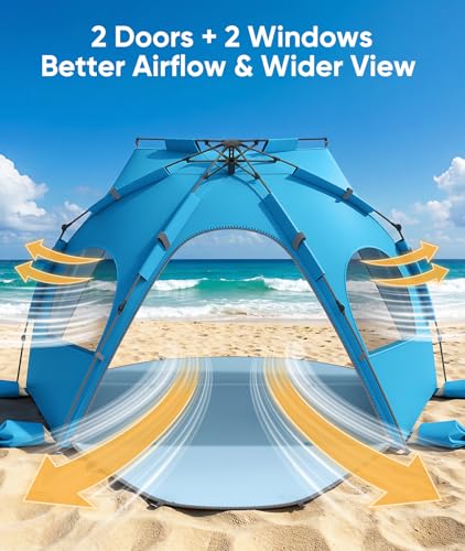 Raynesys Beach Tent Sun Shelter for 5-6 Person, Pop Up Beach Canopy, UPF 30+ UV Protection, Breathable Mesh Window, Portab...
