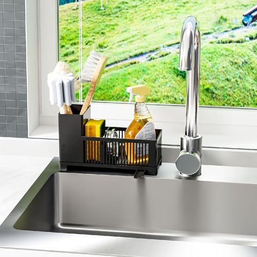 Sink Caddy & Kitchen Sink Organizer,Black Sponge Holder with High Scrub Brush Holder,Plastic Kitchen Countertop Organizer,...