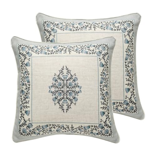 ISAENNE Design Linen Square Throw Pillow Covers 18"x18" Pack of 2, Cottage Farmhouse Cushion Covers with Thorn Vine Patter...