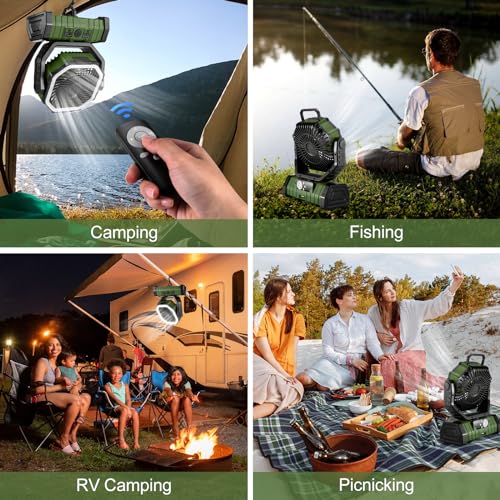 Odoland 30000mAh Camping Fan with LED Lantern, Rechargeable Battery Operated Oscillating Fan with Remote & Hook, Portable ...