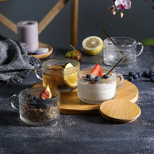 4pcs Set Vintage Coffee Mugs gifts for women, Overnight Oats Containers with Bamboo Lids and Spoons - 14oz Clear Embossed ...