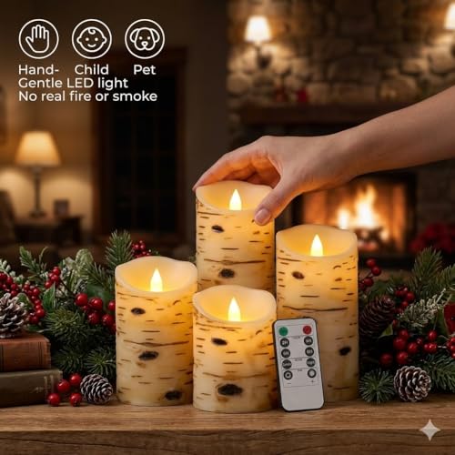 Comenzar Flameless Candles Birch Bark Texture, Flickering Flame Battery Operated LED Candles, Electric Plastic Candles wit...