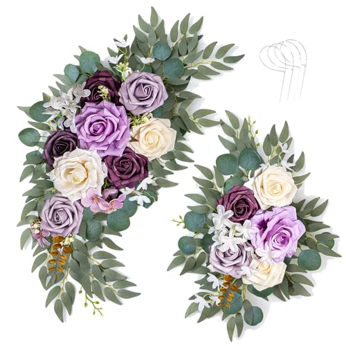AitnWoy Artificial Wedding Arch Flowers Kit 2 PCS Dust Rose Flowers Silk Peony Floral Swag Welcome Sign for Wedding Ceremo...