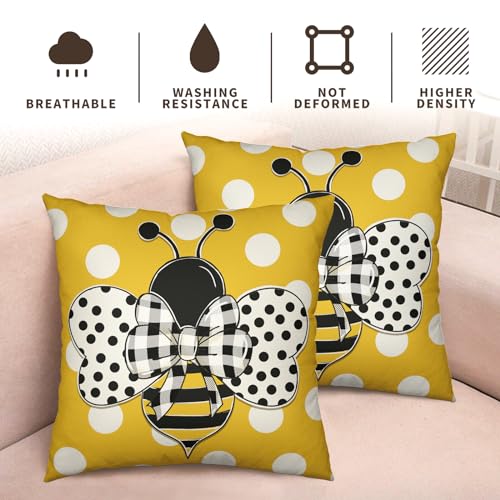 Wnoesat Summer Pillowcase 16x16 Set of 2 Yellow Honey Bee Polka Dots Holiday Throw Pillow Covers Bumblebee Outdoor Decorat...