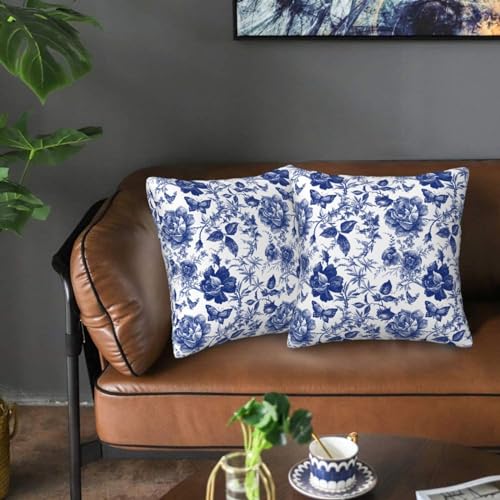 Tebjh Blue and White Porcelain Floral Butterfly Pillow Covers 18x18 in Vintage Chinoiserie Couch Pillow Case Sets of 2 Mod...
