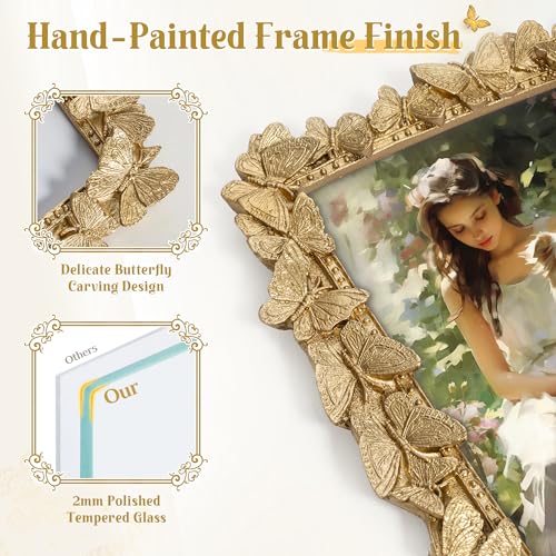 Axeman 5x7 Vintage Picture Frame with High Tempered Glass, Butterfly Textured Hand-Crafted Resin Antique Ornate Photo Fram...
