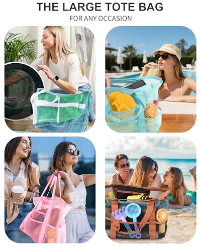 Genteen Mesh Beach Bag,Large Beach Totes for women Large Foldable Mesh Swimming Pool & Vacation Essentials Bag