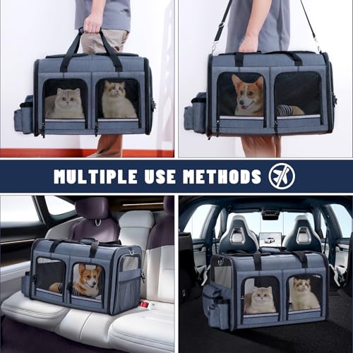 Groxkox Cat Carrier for 2 Cats, Foldable Double Cat and Dog Carrier, Small to Medium Size, 2 Front Zippered Compartments,T...