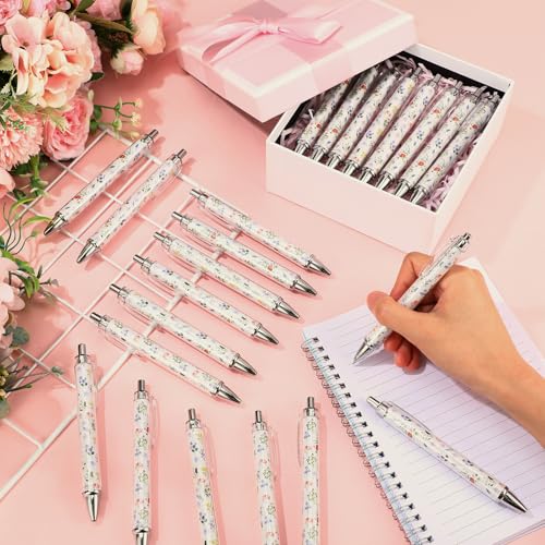Spakon 32 Pcs Wildflower Ballpoint Pens Floral Art Novelty Gifts for Women 1.00 mm Black Ink Fashionable Retractable Ballp...