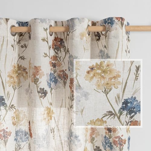 MYSKY HOME Floral Linen Curtains 84 inch Length 2 Panels Set Spring Flower Patterned Semi Sheer Light Filtering Privacy Fa...
