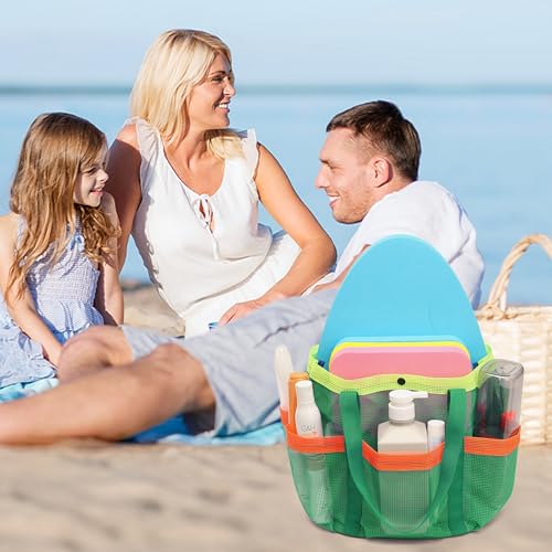 GQIRIL Mesh Beach Bag, Foldable Waterproof Sandproof Beach Storage Tote with 6 Pockets, Swim Tropical Vacation Pool Essential