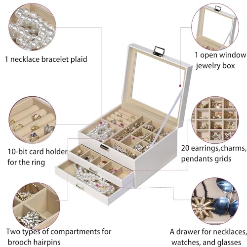 BOOVO Clear Lid Jewelry Box,3 Layers Jewelry Organizer Large Multi-Functional Jewelry Storage Box with 2 Drawers,Jewelry D...