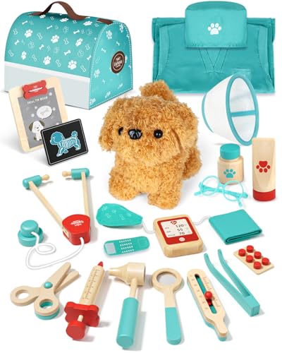 Lehoo Castle Wooden Doctor Kit for Toddlers 3-5 Girls Toys, Vet Toys for Kids, Pretend Play Doctor Set with Puppy, Stethos...