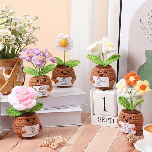 Geelin 6 Sets Positive Teacher Appreciation Gift Mini Crochet Flower Potted Doll with Card Emotional Rose Daisy Support Th...