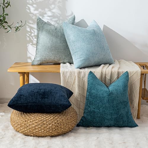 Cushonix Pack of 4 Throw Pillow Covers 18x18 inch Blue Series Boho Cushion Covers Decorative Farmhouse Pillow Covers for C...