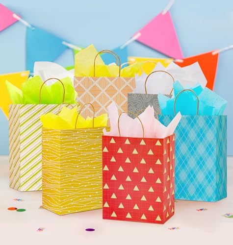 12 Pack 13" Large Kraft Paper Gift Bags Assortment with Tissue Paper & Handles, 12 Unique Solid & Geometric Pattern Design...