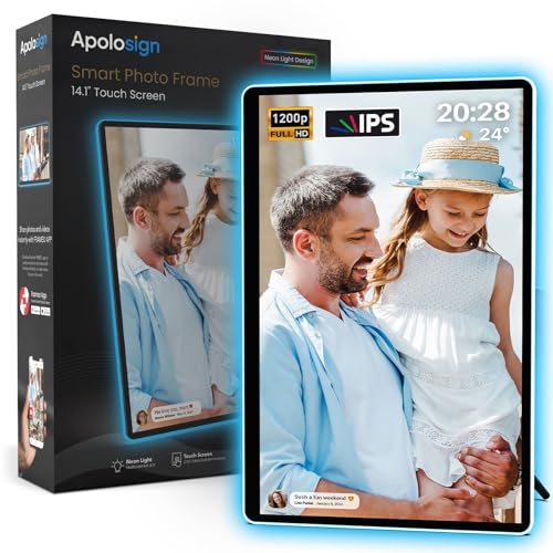 ApoloSign Neon Light Digital Picture Frame - 14" 2K FHD Display | AI Color-Changing LED Strip Digital Photo Frame | Quick ...