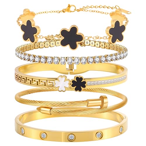 Camhanno 5pcs Gold Stackable Bracelet Set for Women - Stainless Steel Non-Tarnish Clover Lucky Charm Jewelry, Trendy Gift ...