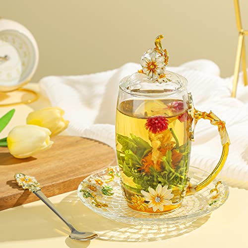 LANTREE Floral Yellow 12oz Hand Painted Glass Teacup with Lid, Spoon & Saucer - Gift for Mom, Teacher, Lovers - Christmas,...