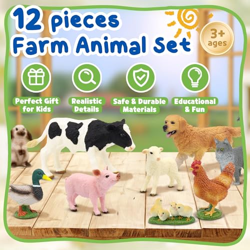 Beetots Farm Animals Toy Set, 12 Realistic Small Animal Figurines with Pets, Livestock, Poultry for Kids Ages 3+, Educatio...