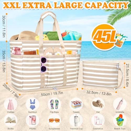 TEUEN Large Beach Bag with Zipper, 12 Pockets Waterproof Sandproof Pool Bag Womens Mesh Beach Tote Bag for Travel Vacation