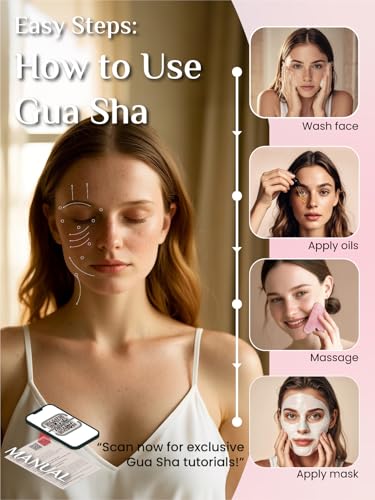 Rena Chris Gua Sha Facial Tools, Pink Stone Guasha Tool for Acupuncture, Manual Massage Tool for Jawline Sculpting and Puf...