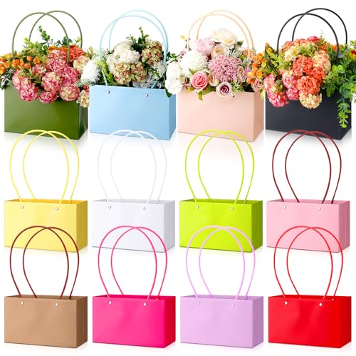Geyoga 12 Pcs Mother's Day Flower Bags Boxes for Arrangements Kraft Paper Floral Wrapping with Handle Waterproof for Gradu...
