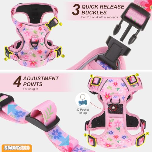 BEAUTYZOO No Pull Dog Harness and Leash Set with 2 Metal Leash Clips - Overhead-Free 3 Snap Buckles Design, Adjustable No-...