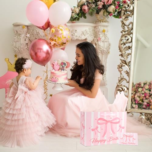 ACO-UINT Happy Birthday Gift Bags for Women Pink Bow Gift Bag with Tissue Paper and Ribbon Handles Pink Birthday Card, Cle...