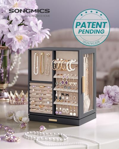 SONGMICS Jewelry Box 360° Rotating, Jewelry Storage Case with 5 Drawers, Jewelry Organizer, Glass Window, Spacious, Vertic...