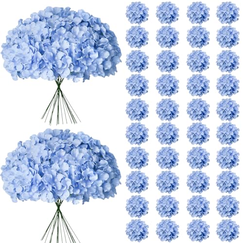 Cherica 65Pcs Blue Hydrangea Artificial Flowers Bulk，Realistic Silk Fake Flowers with Stems，Faux Hydrangea Flowers for Wed...