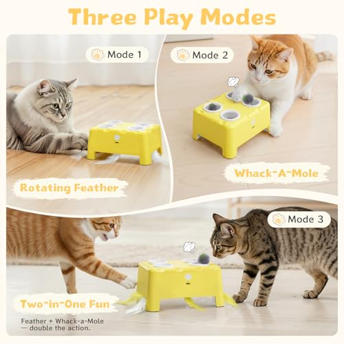 PETSWEET Cheese Box Interactive Cat Toy for Indoor Cats, 3-in-1 Whack a Mole Feather Toy, 3 Modes Rechargeable Auto Cat To...
