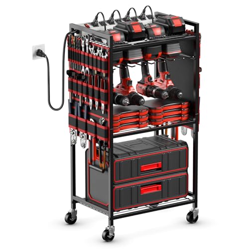 JUNNUJ Large Power Tool Organizer Cart with Charging Station, Garage Floor Standing Rolling Drill and Tools Battery Storag...