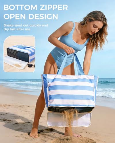 WANDF Beach Bags for Women, Large Waterproof Sandproof Beach Tote Bag with Zipper Family Pool Bags with 40oz Tumbler Pocke...
