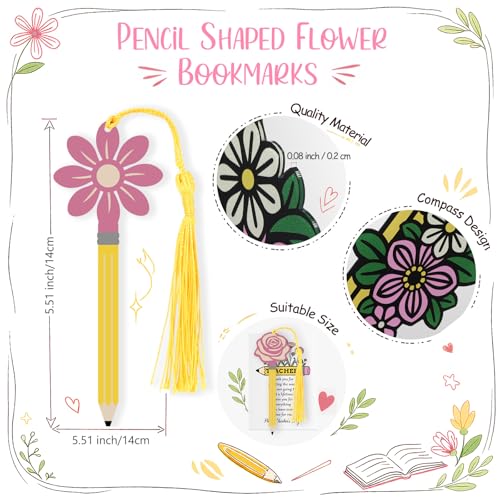 FunooFuno 36 Pcs/12 Sets Teacher Appreciation Gifts Bulk Pencil Shaped Flower Bookmarks with Tassels Mini Notebooks Small ...