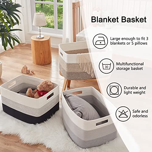 OIAHOMY Large Blanket Basket, 22”x17”x12” Rectangle Woven Baskets, Nursery Blanket Storage Living Room, Toy Storage With H...
