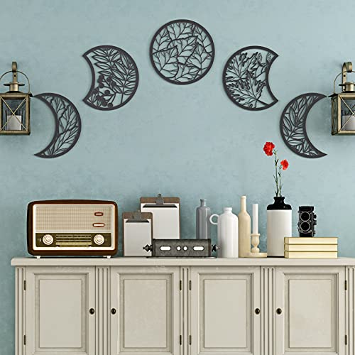 Jetec 5 Pcs Moon Phase Wall Art Decor Wall Pediments Hanging Wooden Phase Spiritual Bedroom Nordic Boho Lunar Aesthetic Ar...