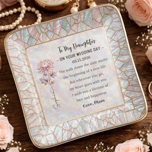 to My Daughter on Your Wedding Day, Personalized Floral Ceramic Jewelry Tray for Daughter from Mom, Custom Birth Flower Tr...