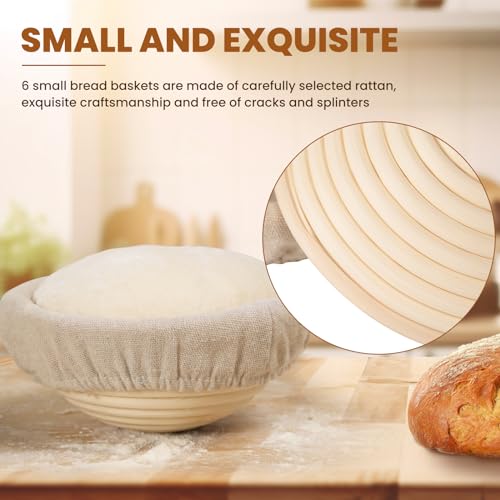 5 Inch Banneton Bread Proofing Basket Set of 6, Kikcoin Mini Sourdough Bread Baking Supplies, Small Banneton Basket Proofi...