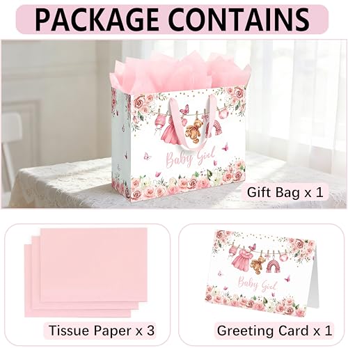 Yusenguan 13" Large Baby Gift Bag for Girl, Pink Floral Design with Handles, Tissue Paper and Gift Card, Perfect for Girl ...