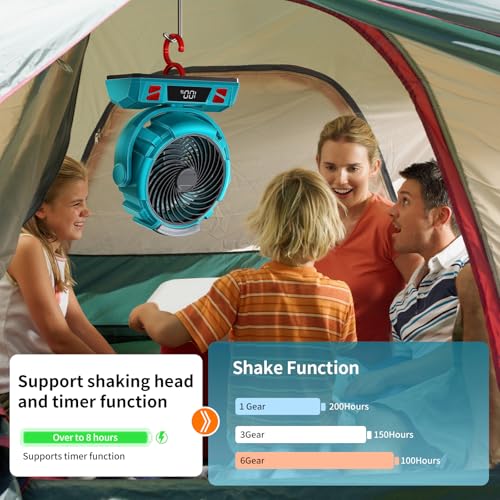 Camping LED Fan with Light, 40000mAh Rechargeable Battery Powered Outdoor Tent Fan with Light and Hook, 6 Speed, Personal ...