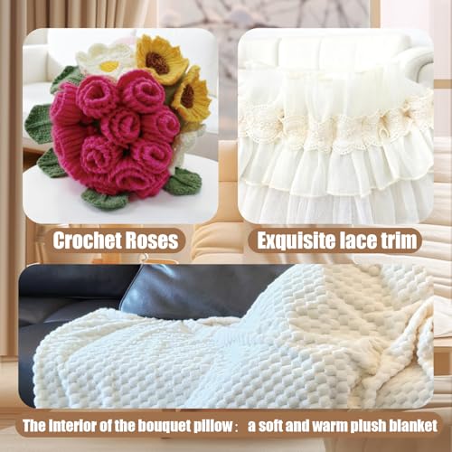 SoffMoiis 2-in-1 Crochet Flower Bouquet Throw Pillow with Blanket, Pillow Cover Holds a Soft White Blanket for Couch, Roma...