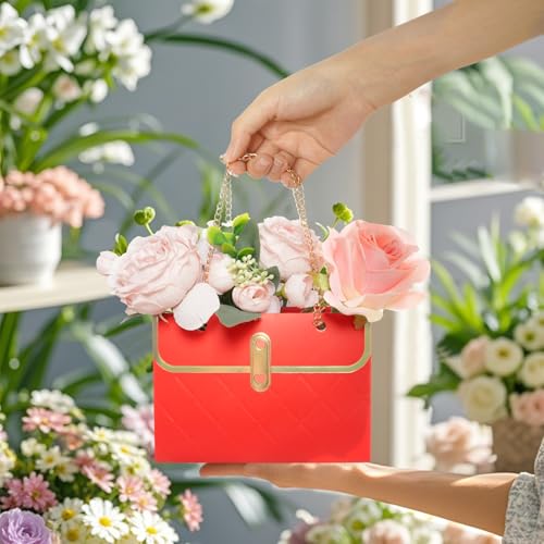 4 Pack Flower Paper Gift Bags Portable Bouquet Storage Bucket Paper Flower Handbag Boxes with Metal Chain Bouquet Carrier ...