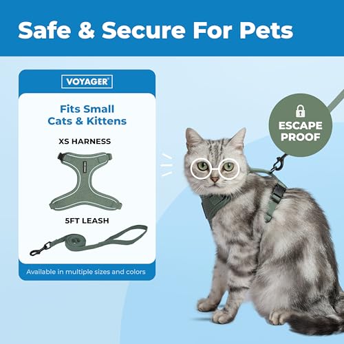 Voyager Escape-Proof Step-in Lock Cat Harness & 5ft Neoprene-Handle Leash Set All-Weather Mesh with Reflective Stitching f...
