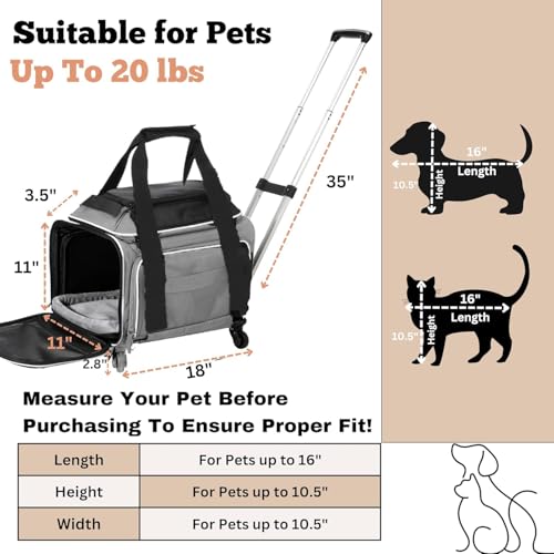 Cozy Cruiser Airline Approved Top-Expanding Pet Carrier on Wheels- Extra Spacious Soft Lined Carrier! 18x11x11 (Grey, Expa...