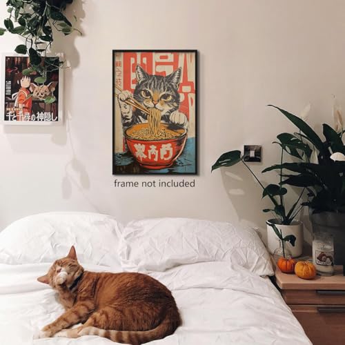 Nanxiwofee Vintage Japanese Cat Canvas Wall Art, Quirky Black Cat Eating Ramen Poster, Retro Funny Animal Food Art Print, ...