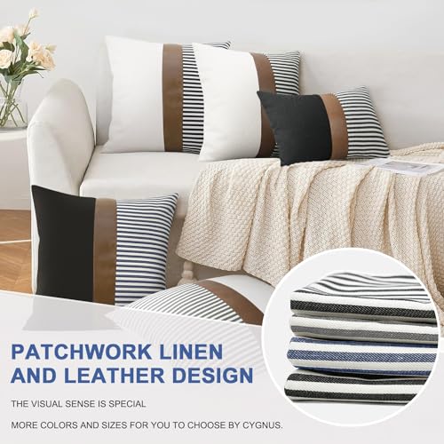 Set of 2 Farmhouse Decor Striped Patchwork Linen Throw Pillow Covers,Modern Brown Faux Leather Accent Pillow Covers 18x18 ...