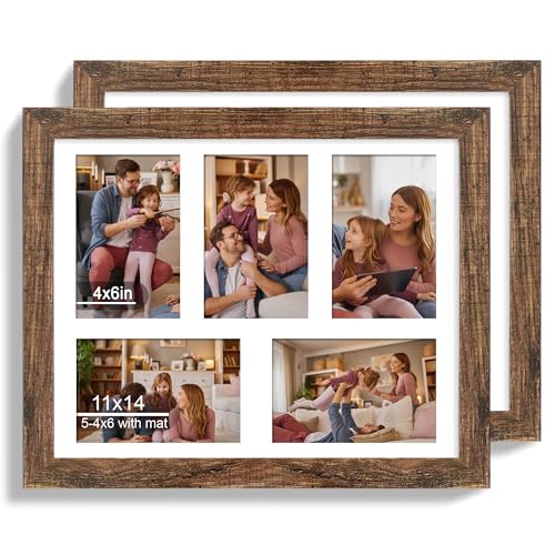 Hongkee 11x14 Picture Frame Set of 2, Rustic Brown Wood Frame with Real Glass Collage Picture Frames, Display Pictures Fiv...