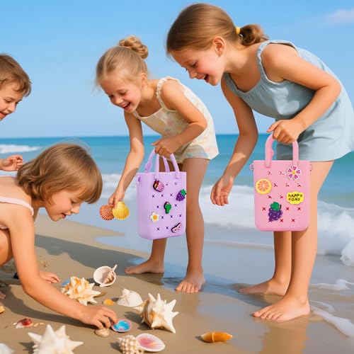 Oudizz Mini Rubber Tote Bag, Silicone Beach Tote for Little Girl & Woman, Cute Bag with 20 Charms & Adjustable Shoulder Strap